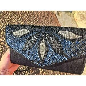 New Andrew Geller vintage Evening bag Black Beaded Embellishments Sequins Satin